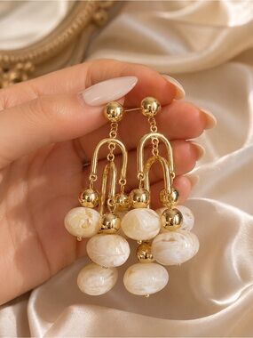 Anthropologie Gold-Tone Earrings with Cream Marbled Beads